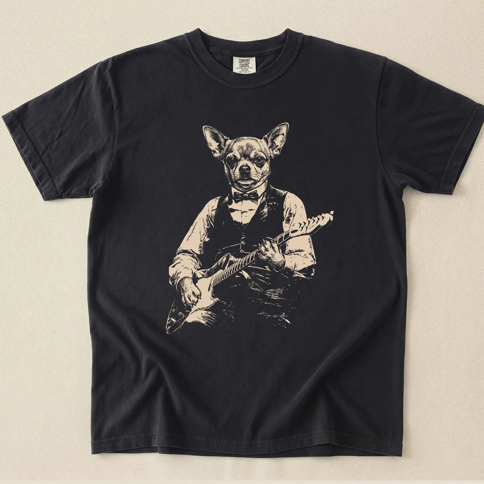 Chihuahua Plays Guitar Comfort Color T-shirt.