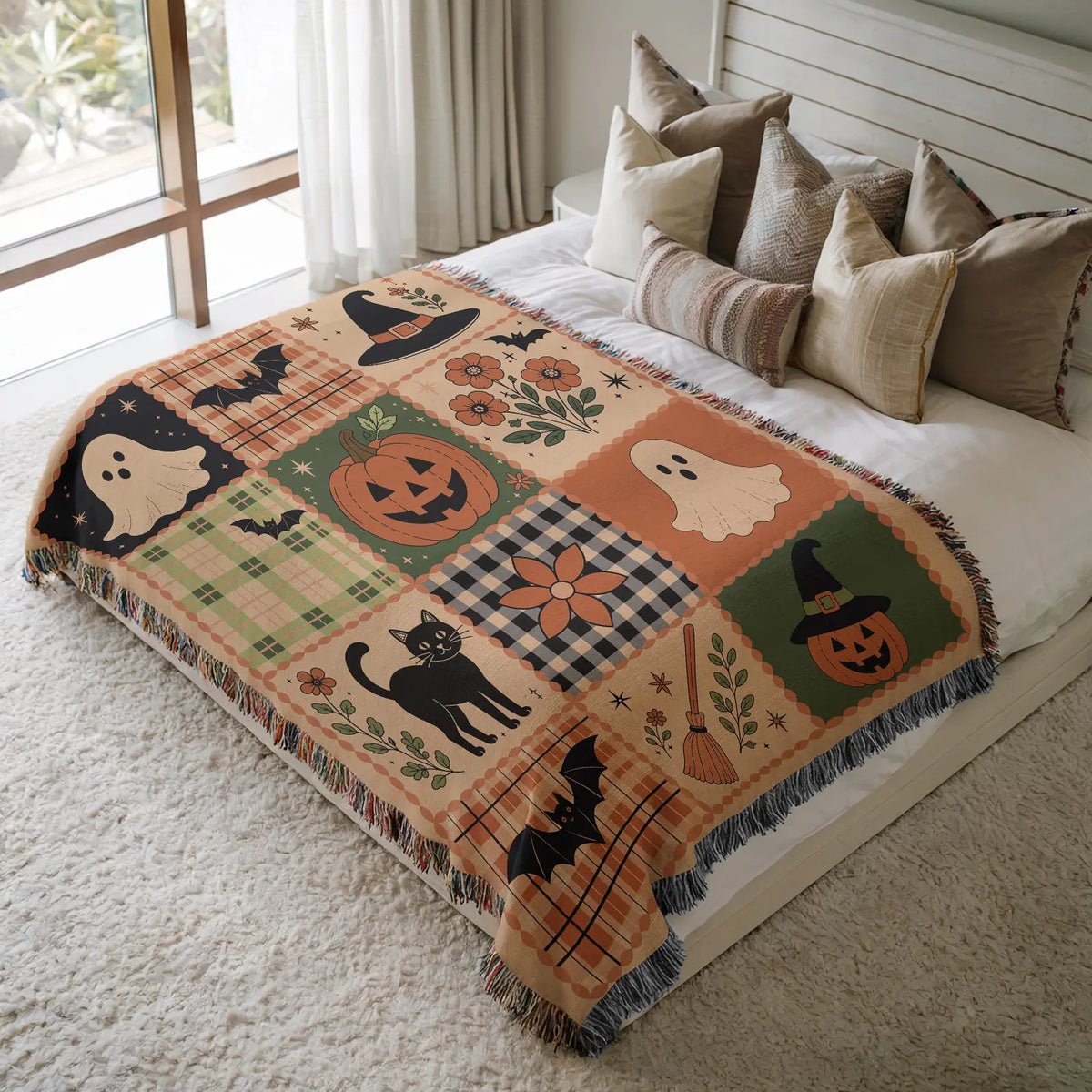 Cozy Halloween Patchwork Woven Blanket – Vintage Ghost, Pumpkin, Bat & Black Cat Design