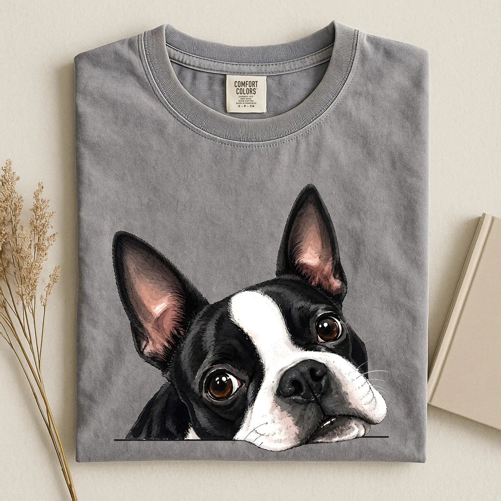 Boston Terrier Face Comfort Color T-shirt.