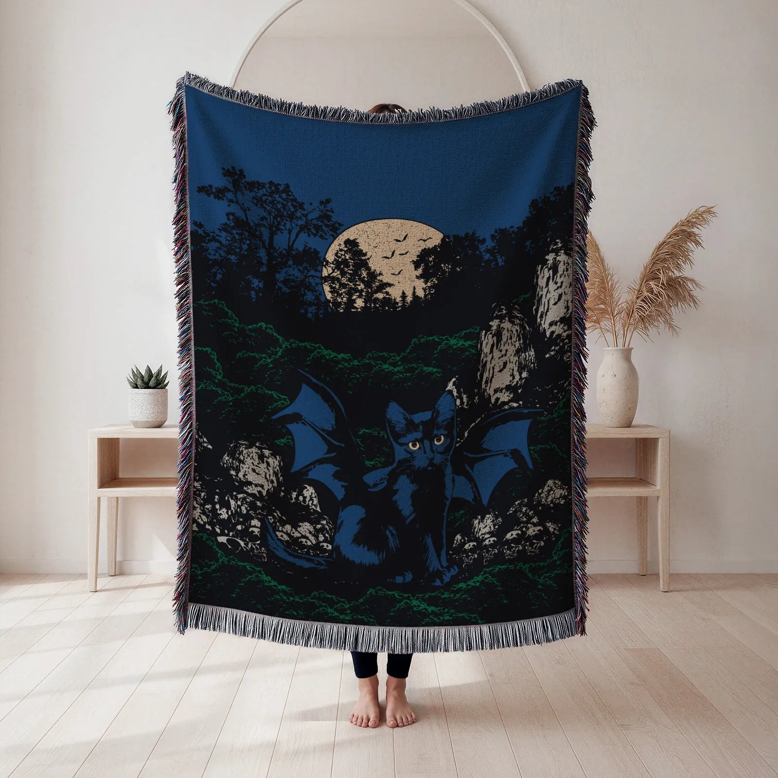 Midnight Bat Cat Woven Blanket