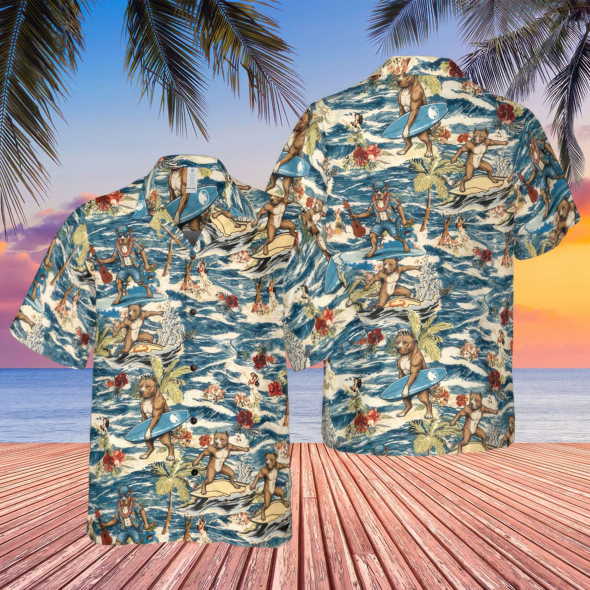 Pitbull Surfing Hawaiian Shirt.