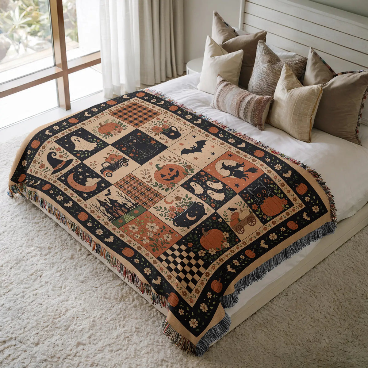 Vintage Halloween Patchwork Woven Blanket – Ghost, Pumpkin, Black Cat And Witch Design