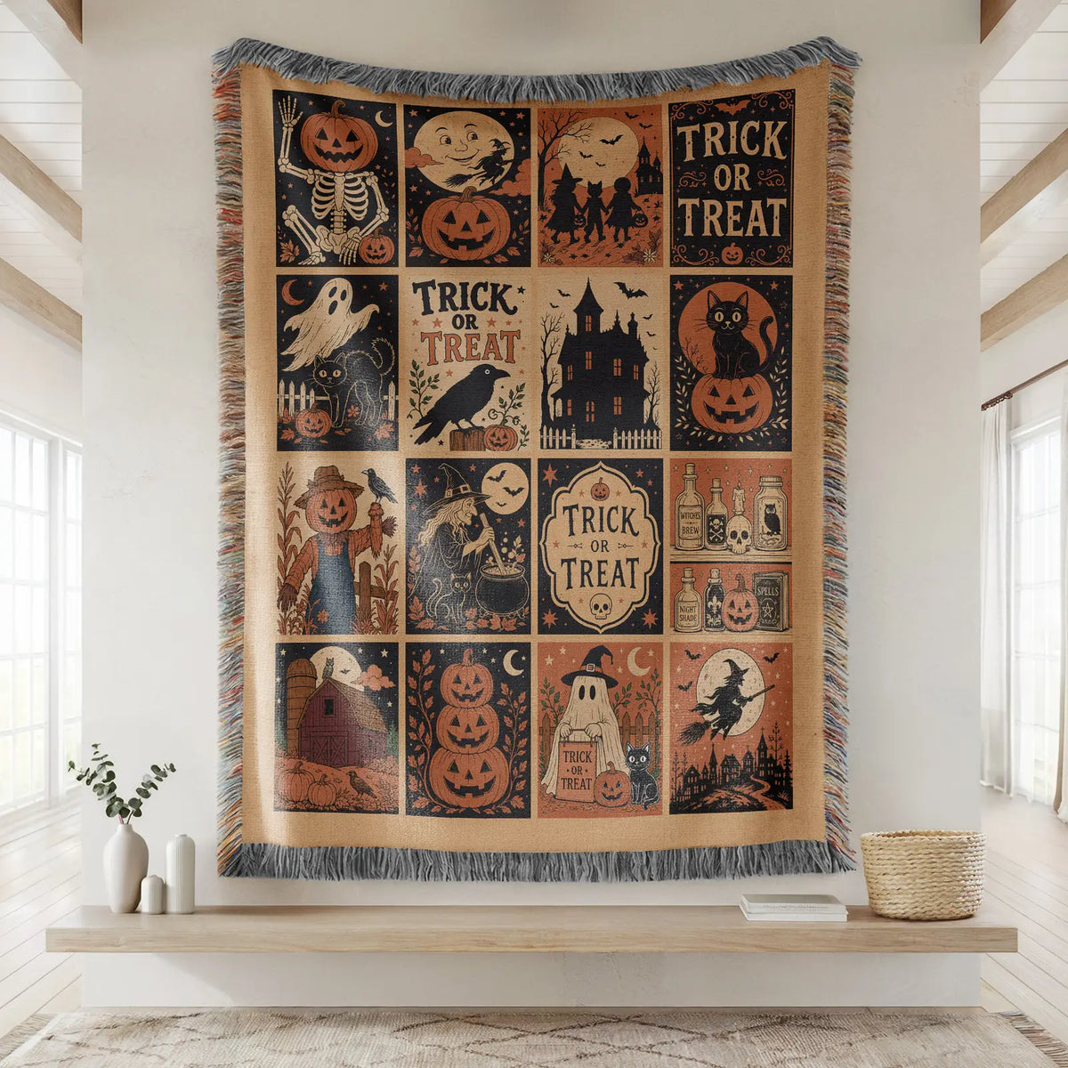 Vintage Spooky Halloween Collage Woven Blanket