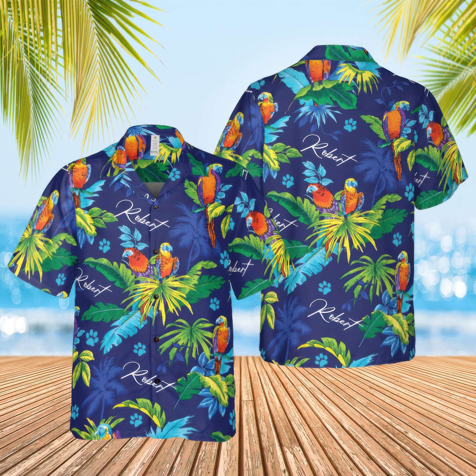 Custom Name Navy Parrot Print Hawaiian Shirt