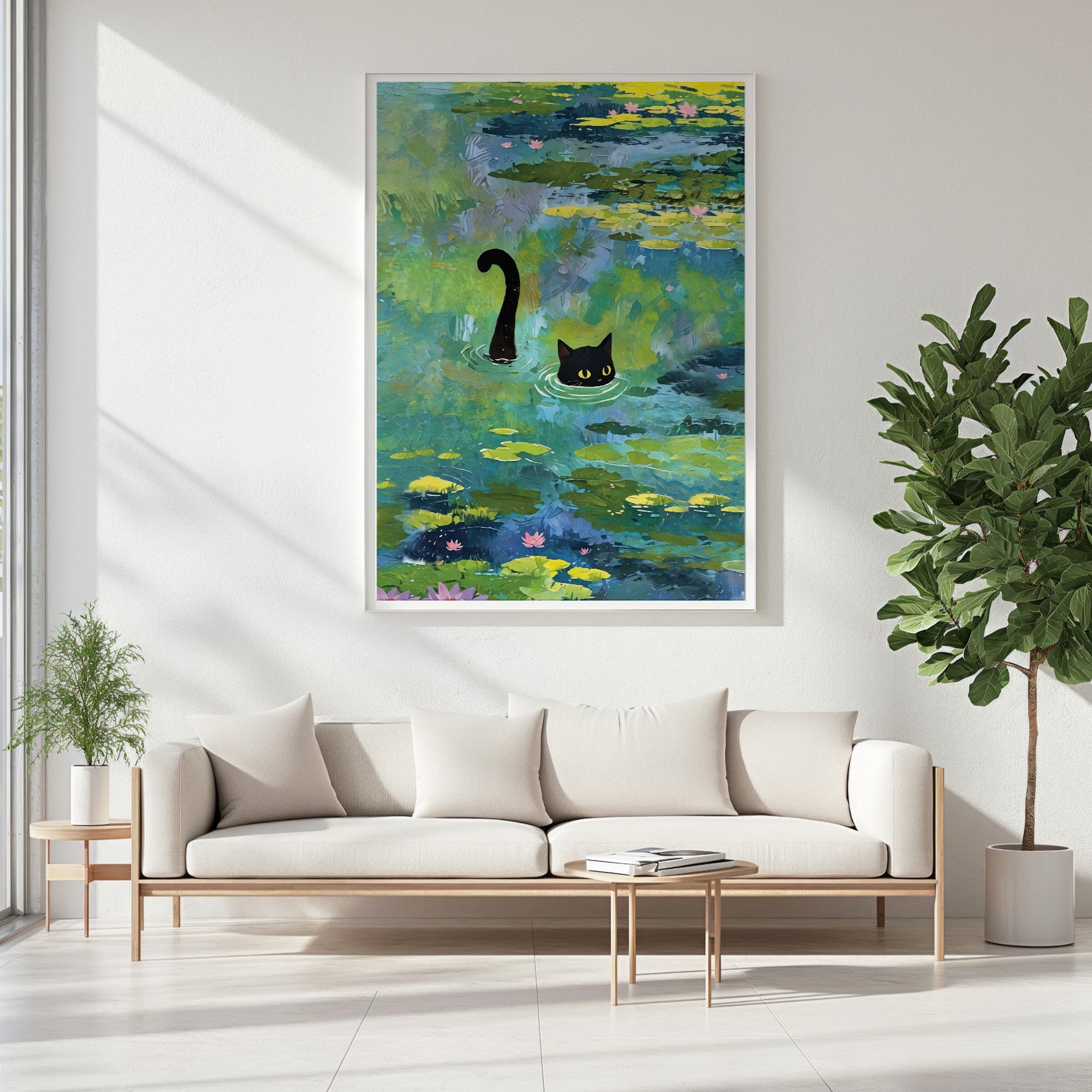 Cat In Lotus Pond Vertical Poster