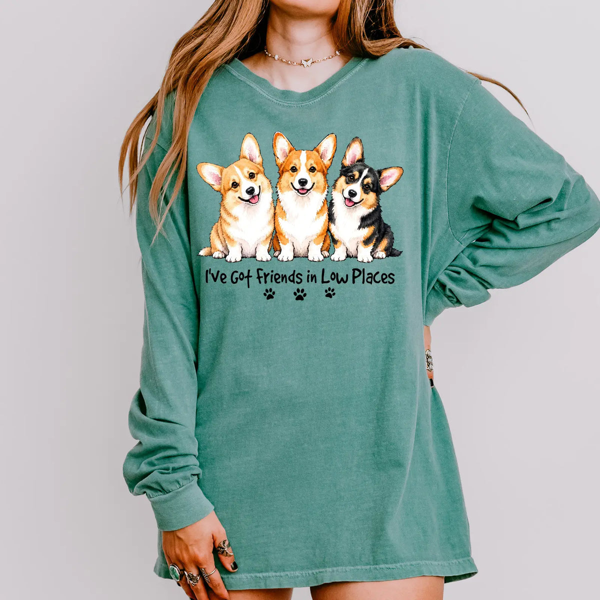Corgi - I've Got Friends In Low Places Comfort Color Unisex Long Sleeve T-shirt