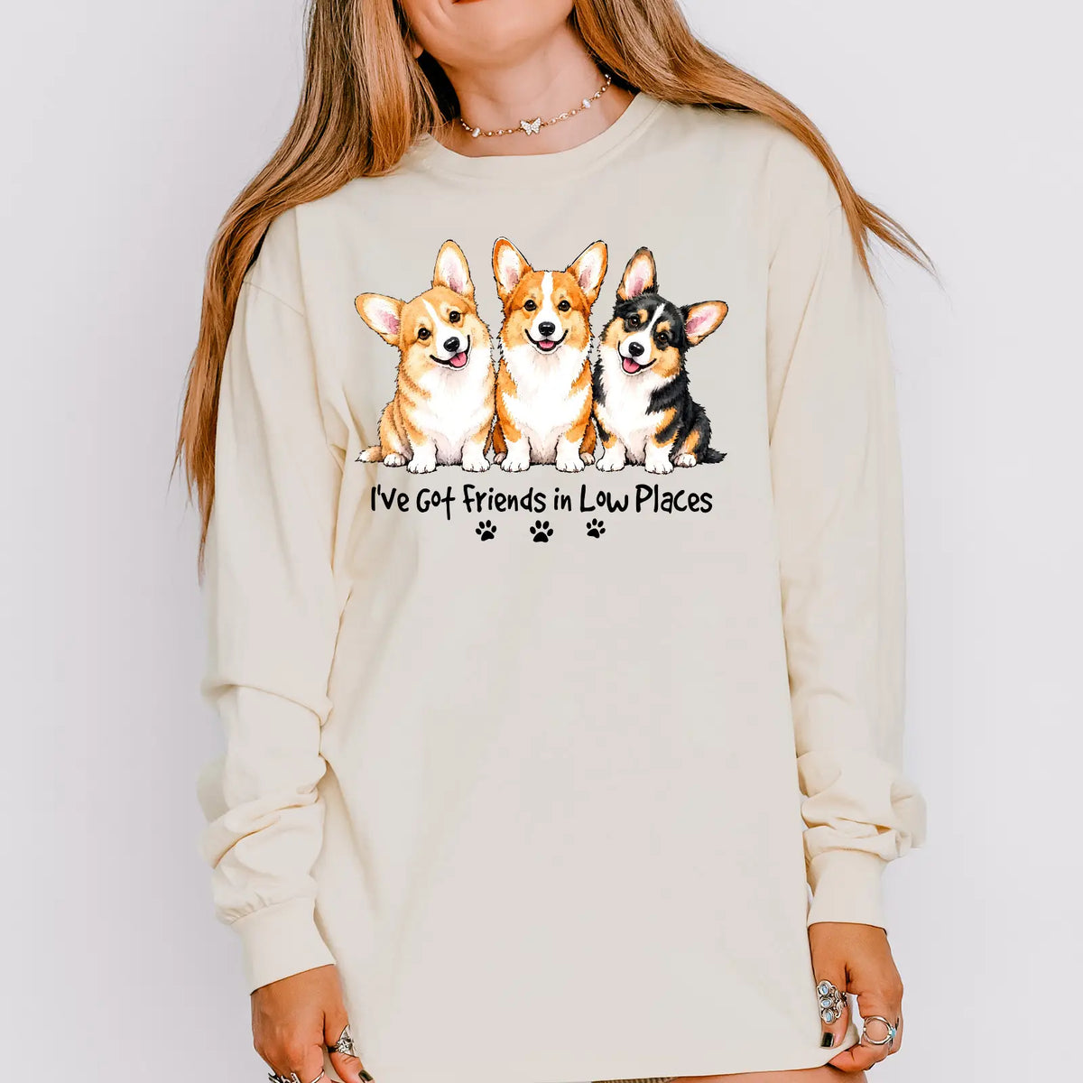 Corgi - I've Got Friends In Low Places Comfort Color Unisex Long Sleeve T-shirt