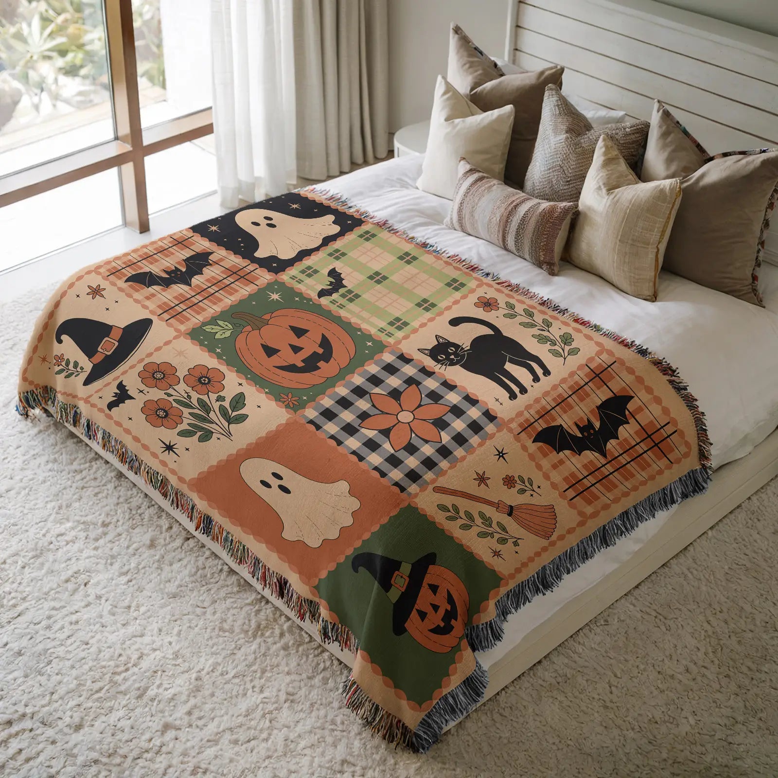 Cozy Halloween Patchwork Woven Blanket – Vintage Ghost, Pumpkin, Bat & Black Cat Design