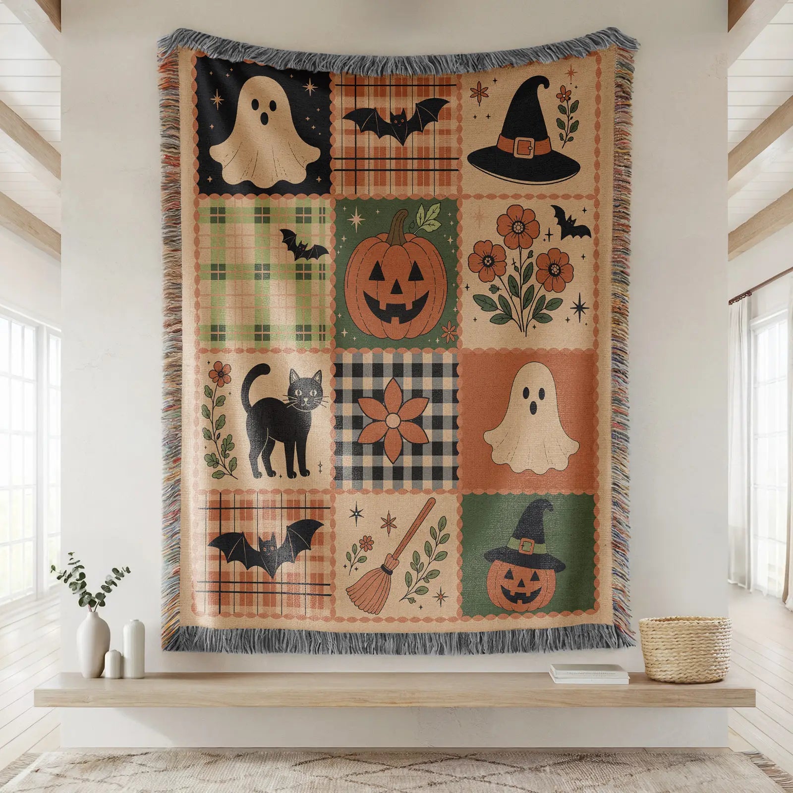 Cozy Halloween Patchwork Woven Blanket – Vintage Ghost, Pumpkin, Bat & Black Cat Design