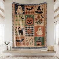 Cozy Halloween Patchwork Woven Blanket – Vintage Ghost, Pumpkin, Bat & Black Cat Design