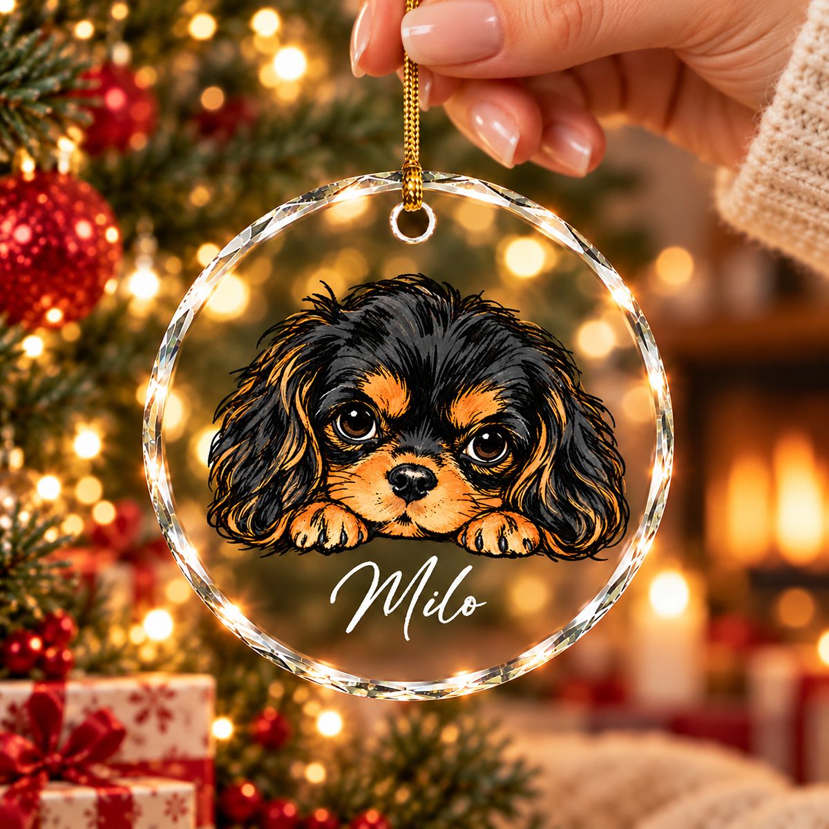 Peeking Black And Tan Cavalier Glass Ornament