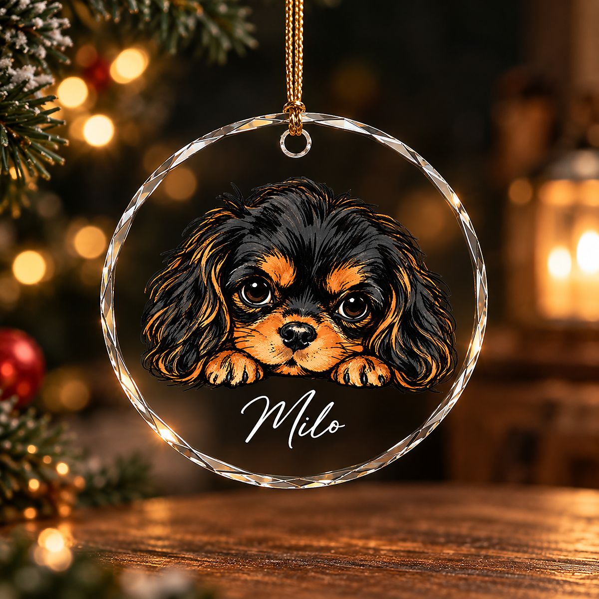 Peeking Black And Tan Cavalier Glass Ornament
