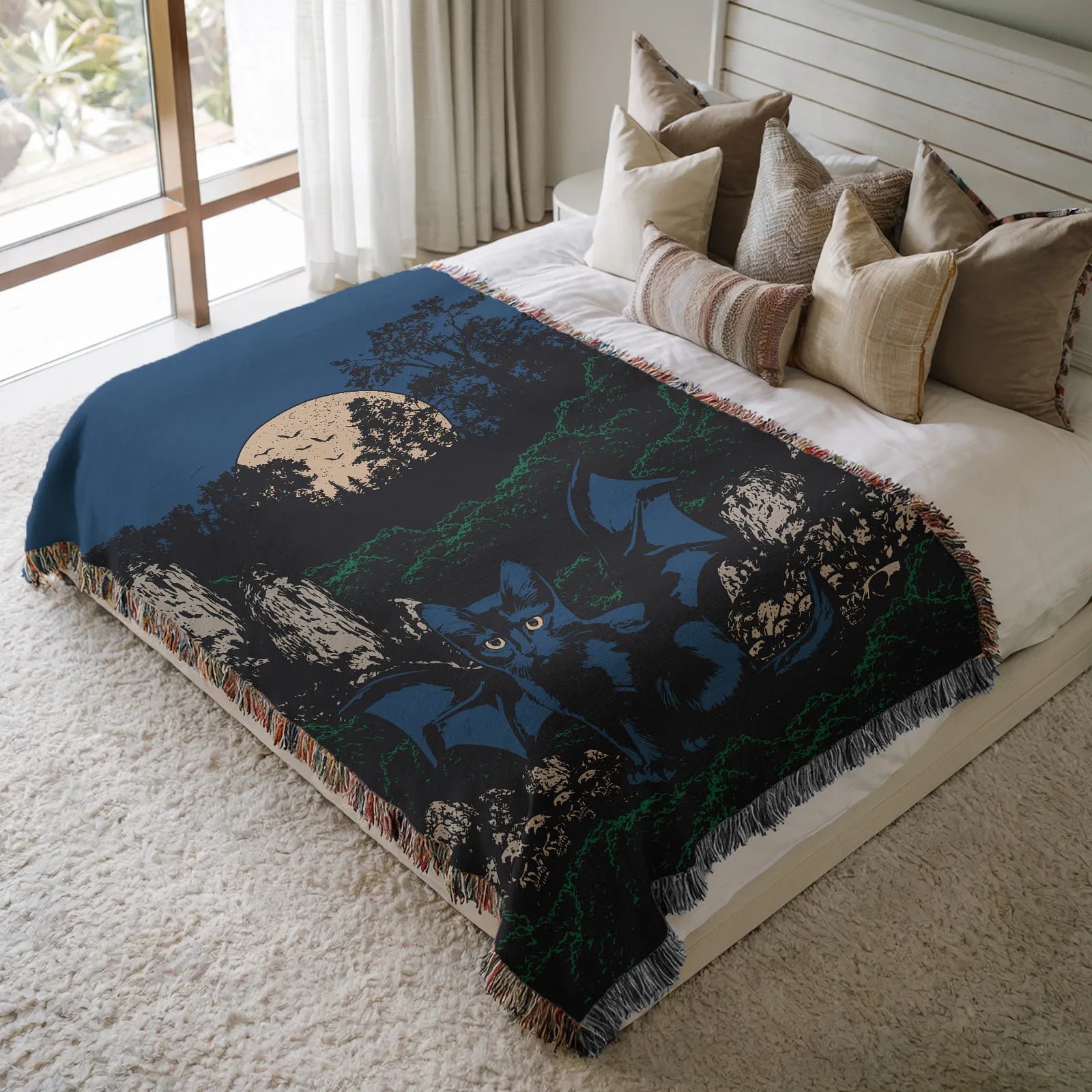 Midnight Bat Cat Woven Blanket