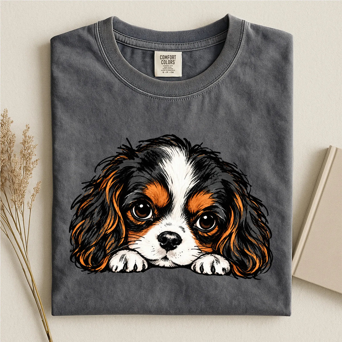 Peeking Tricolor Cavalier King Charles Spaniel Comfort Color Unisex T-shirt