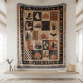 Vintage Halloween Patchwork Woven Blanket – Ghost, Pumpkin, Black Cat And Witch Design