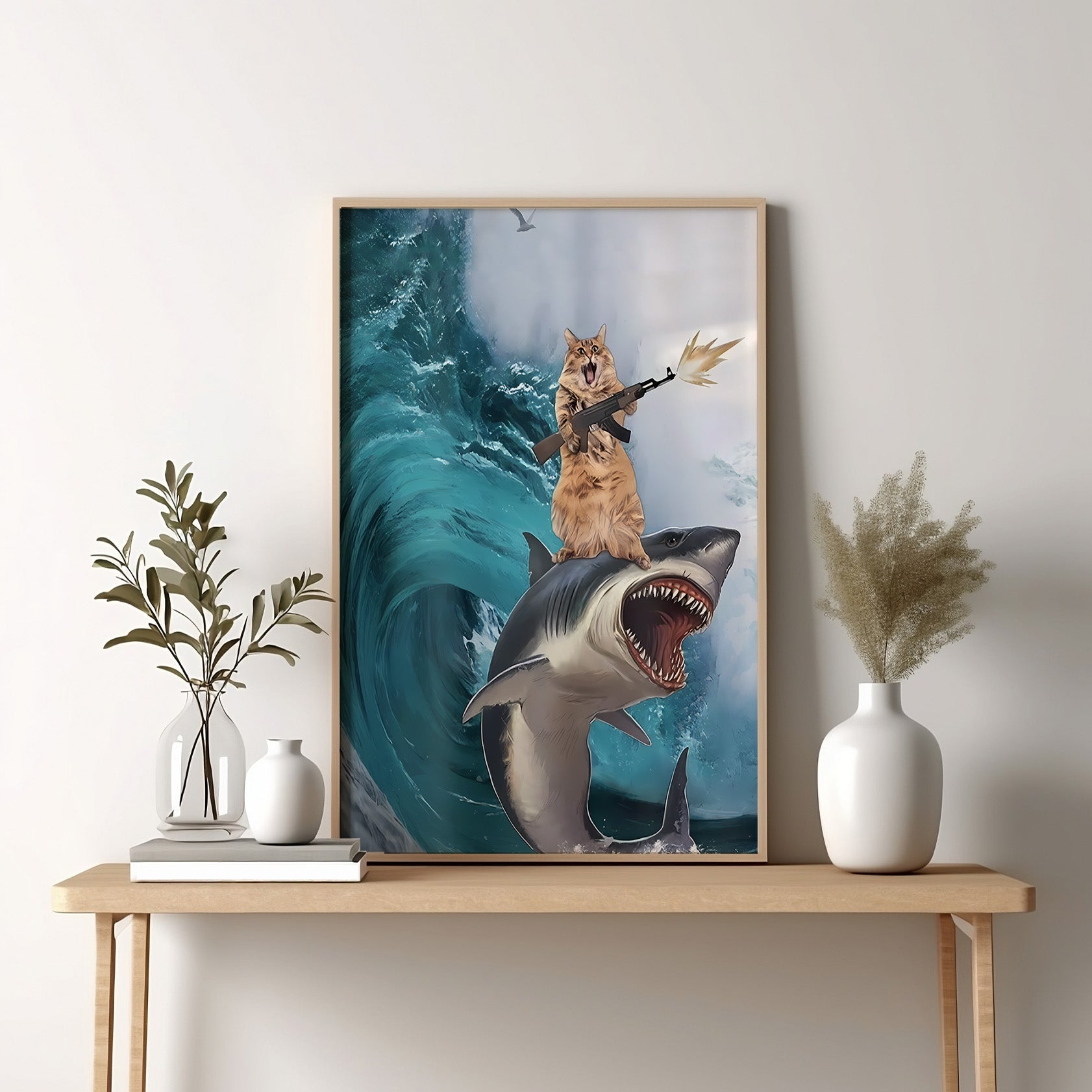 Cat Riding Shark Funny Poster