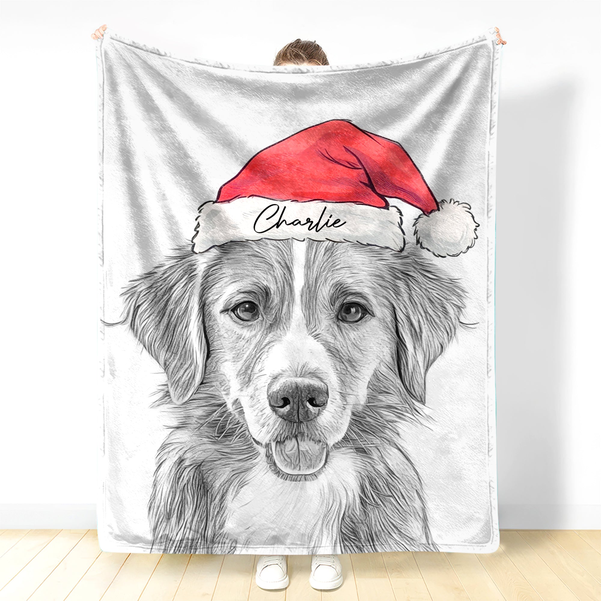 Personalized Santa Dog Drawing Cozy Blanket