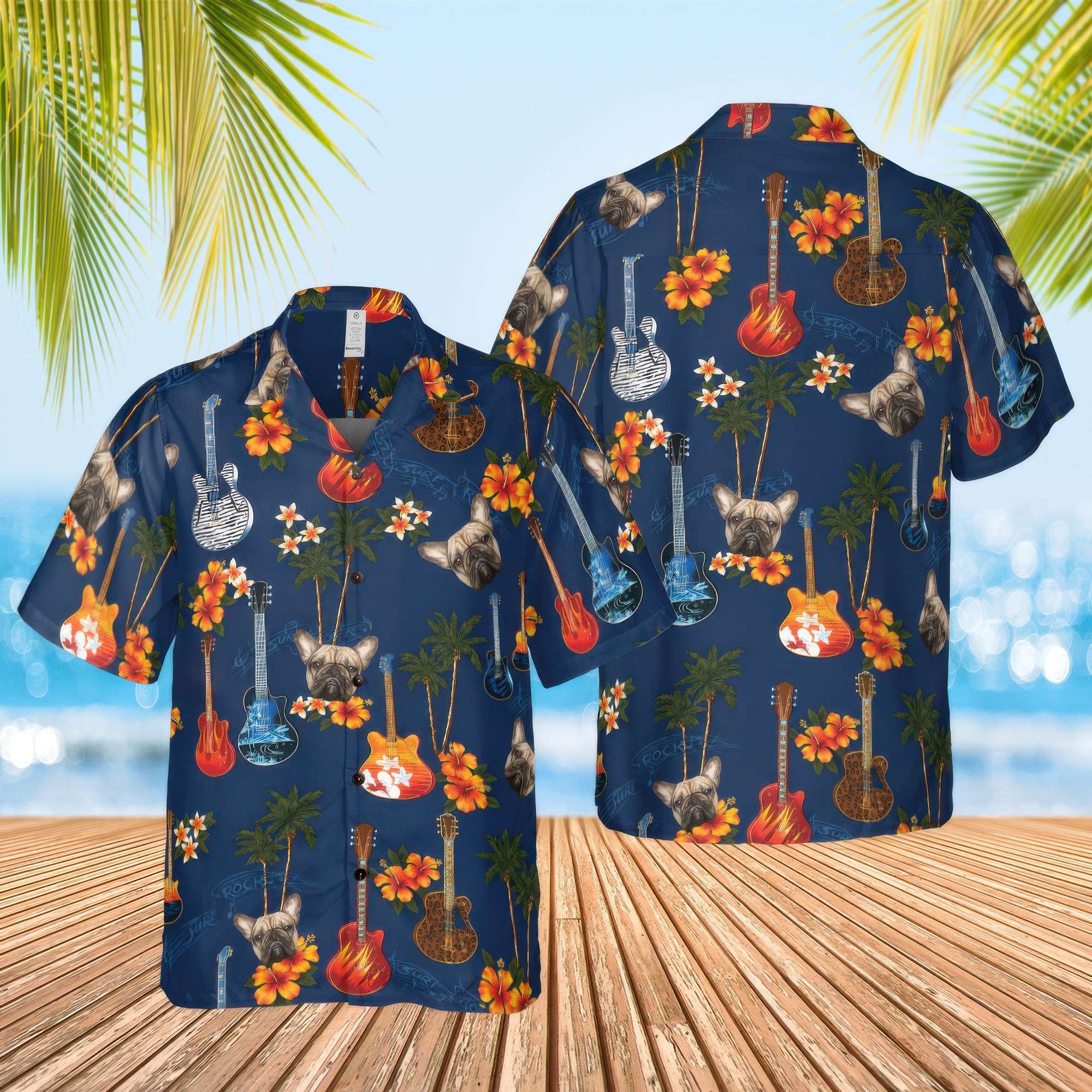 Custom Dog Navy Guitar Hawaiian Shirt