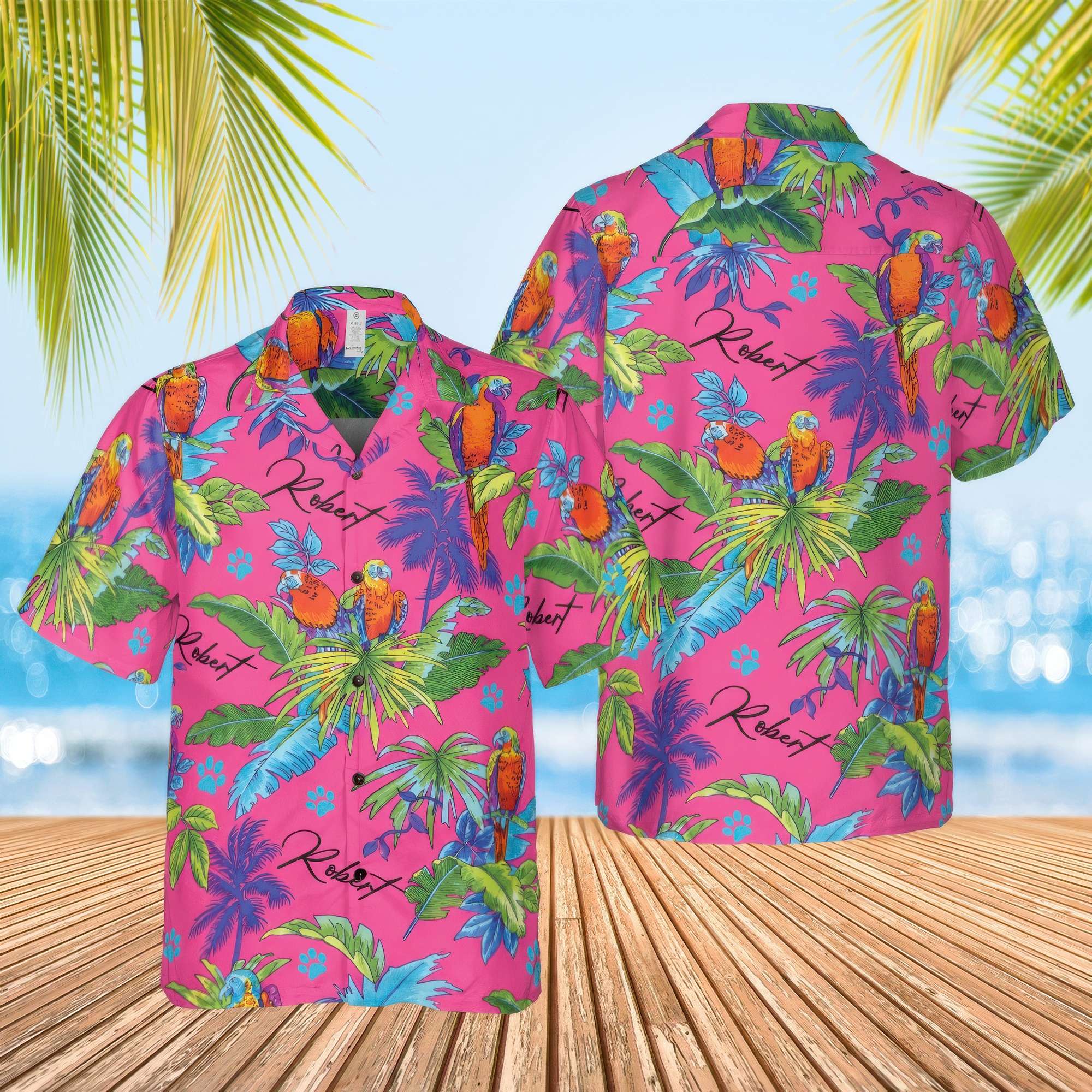 Custom Name Parrot Print Pink Hawaiian Shirt